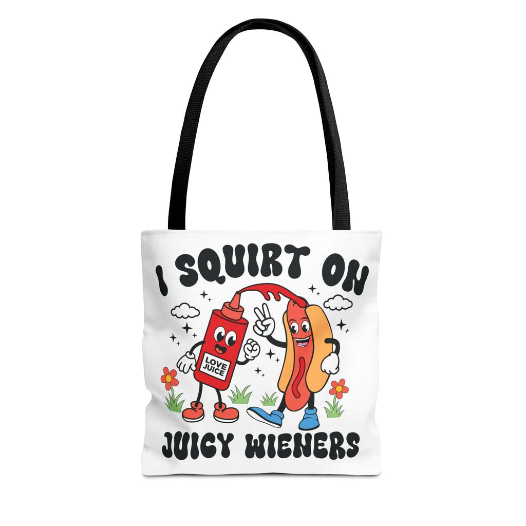 Cheeky Juicy Wieners Fun Tote Bag with hot dog print and colorful handles