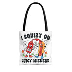 Cheeky Juicy Wieners Fun Tote Bag with hot dog print and colorful handles