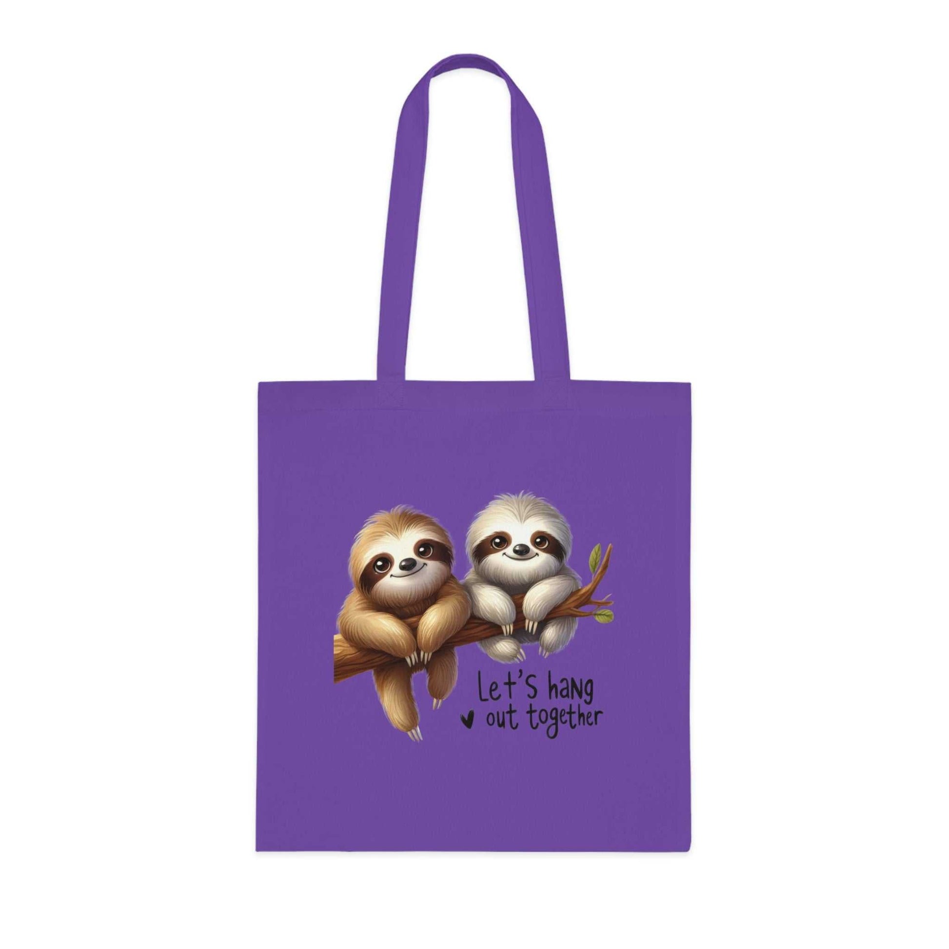 Cotton tote bag with cute sloth design and purple background.