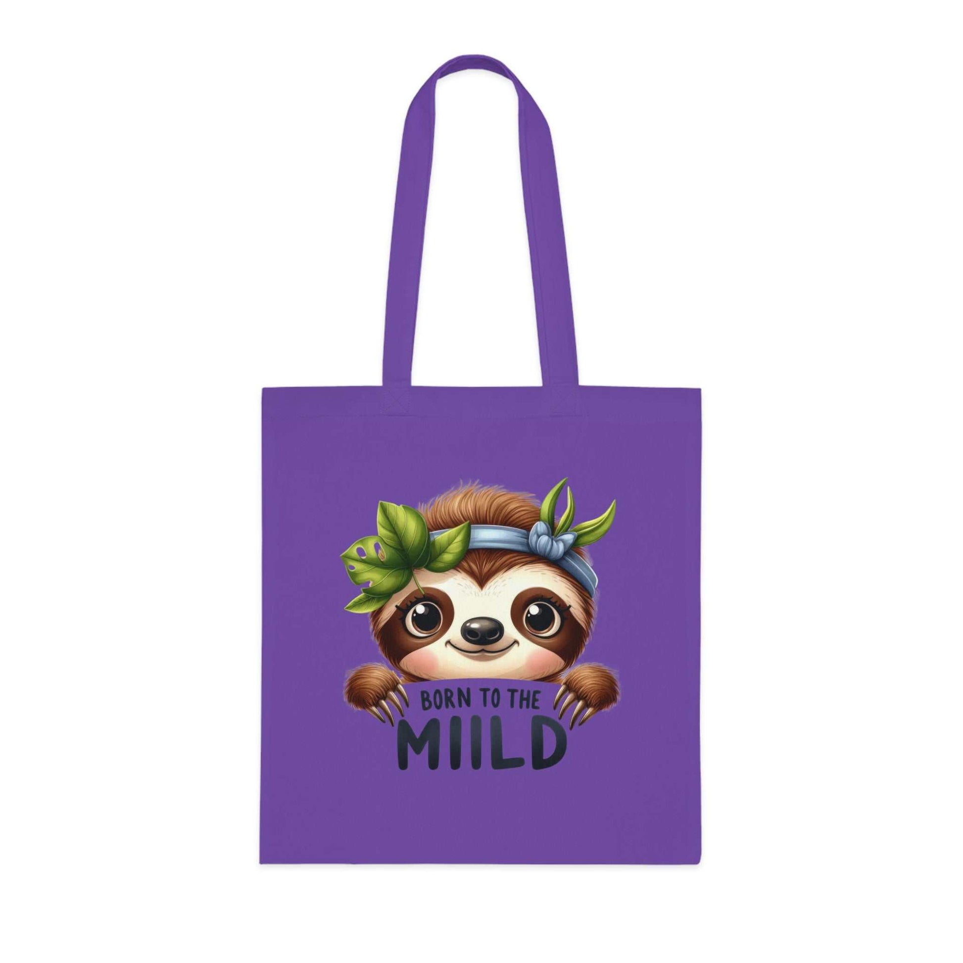 Cute sloth tote bag in vibrant colors with "Born to the Mild" design, 100% cotton, extra light fabric, durable, for shopping or gifting.