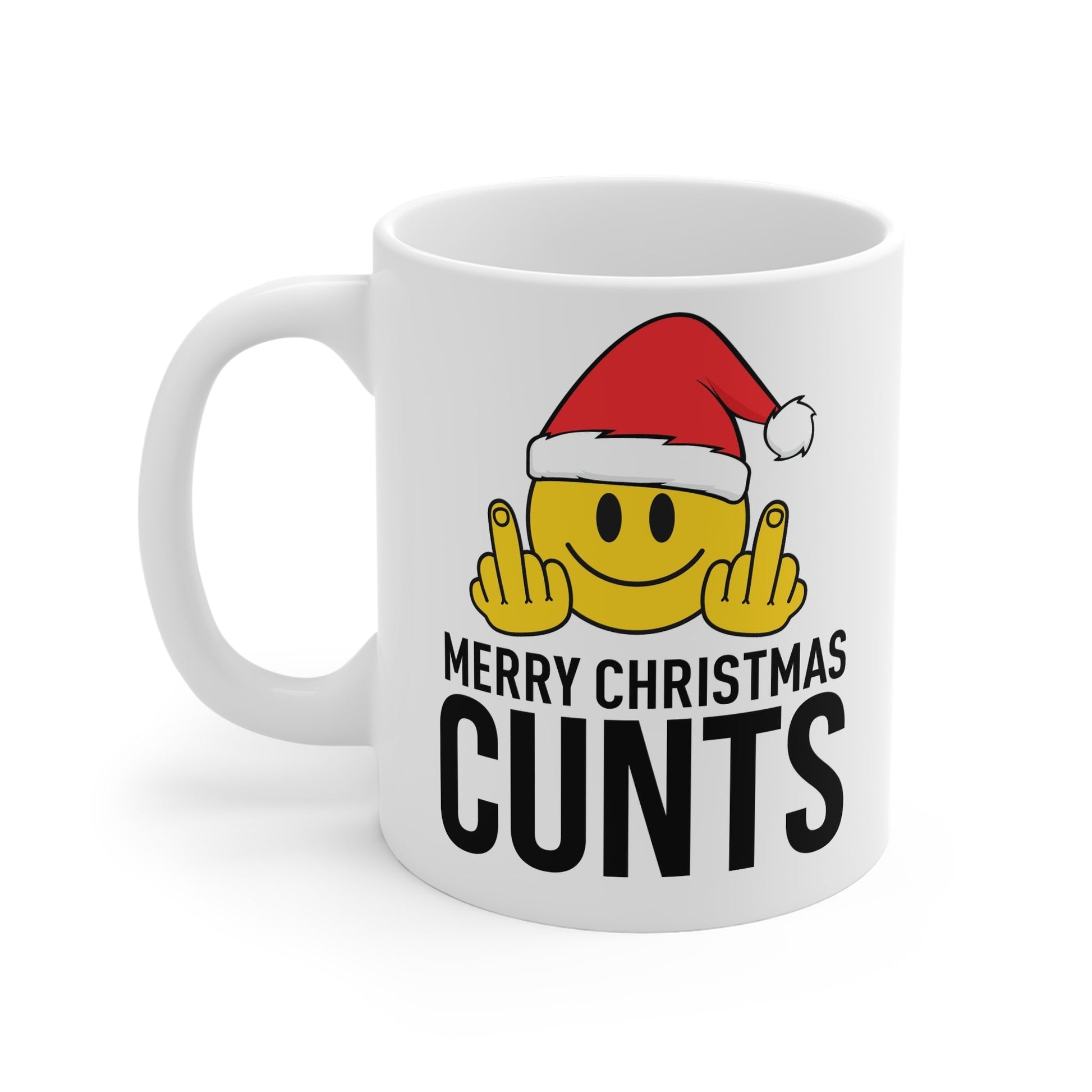 Rude Christmas mug with festive design and cheeky message, 11oz ceramic, glossy finish.