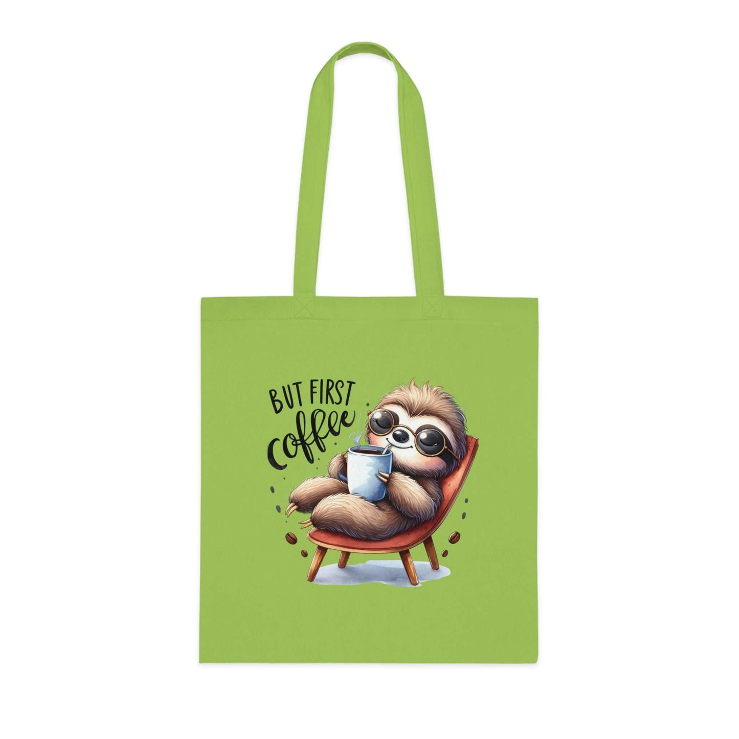 Cotton tote bag with cute sloth design, vibrant colors, reinforced handles, ideal for carrying essentials.