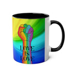 LGBTQ+ Pride Mug with rainbow design and "Love is Love" message.