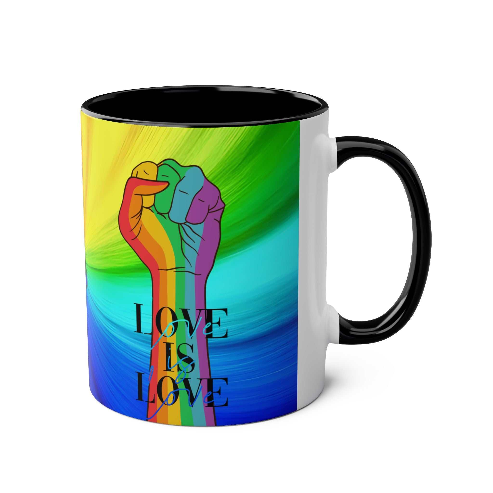 LGBTQ+ Pride Mug with rainbow design and "Love is Love" message.