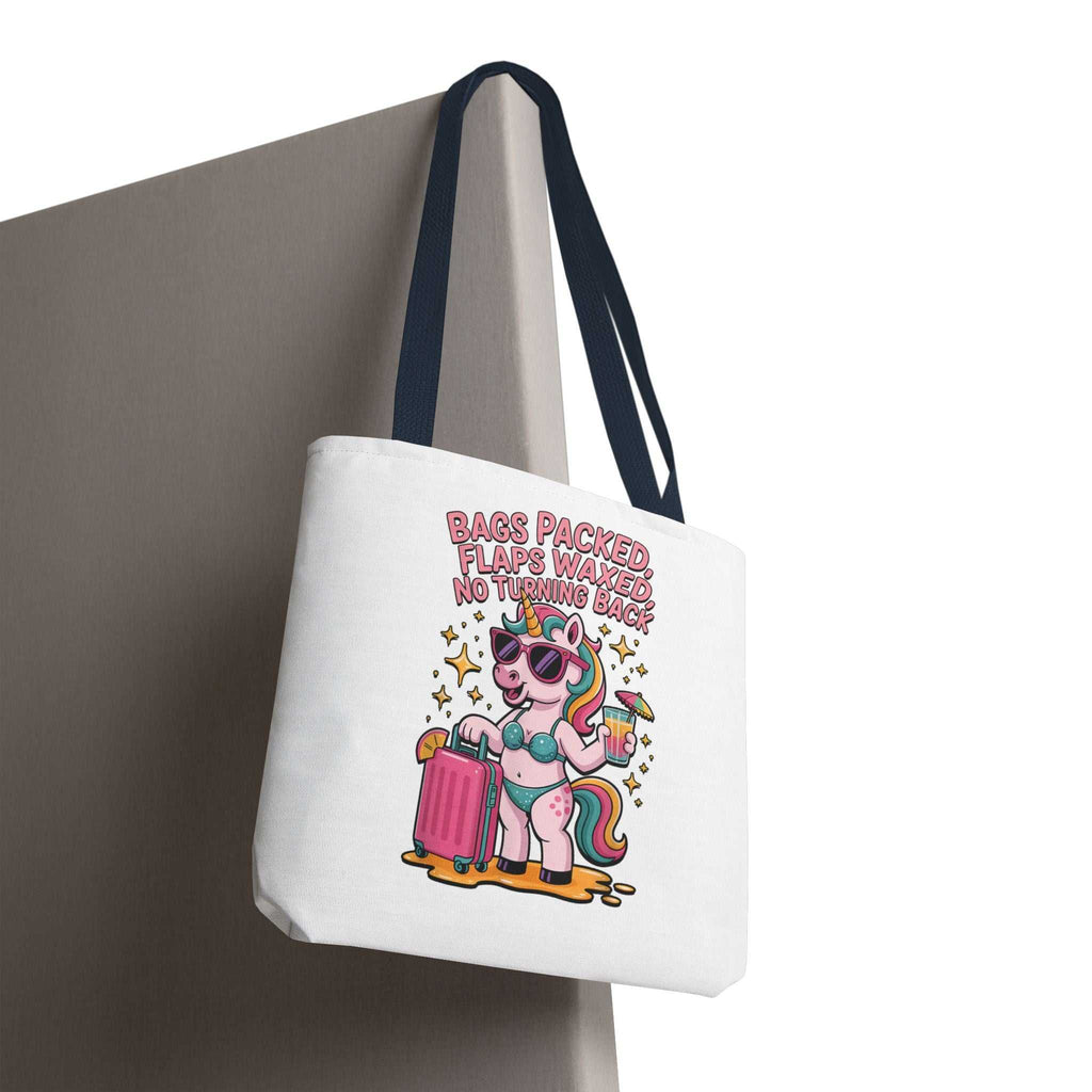 Fun Unicorn Travel Tote Bag with cheeky design and colorful handles, available in three sizes, made of durable lightweight spun polyester for everyday use