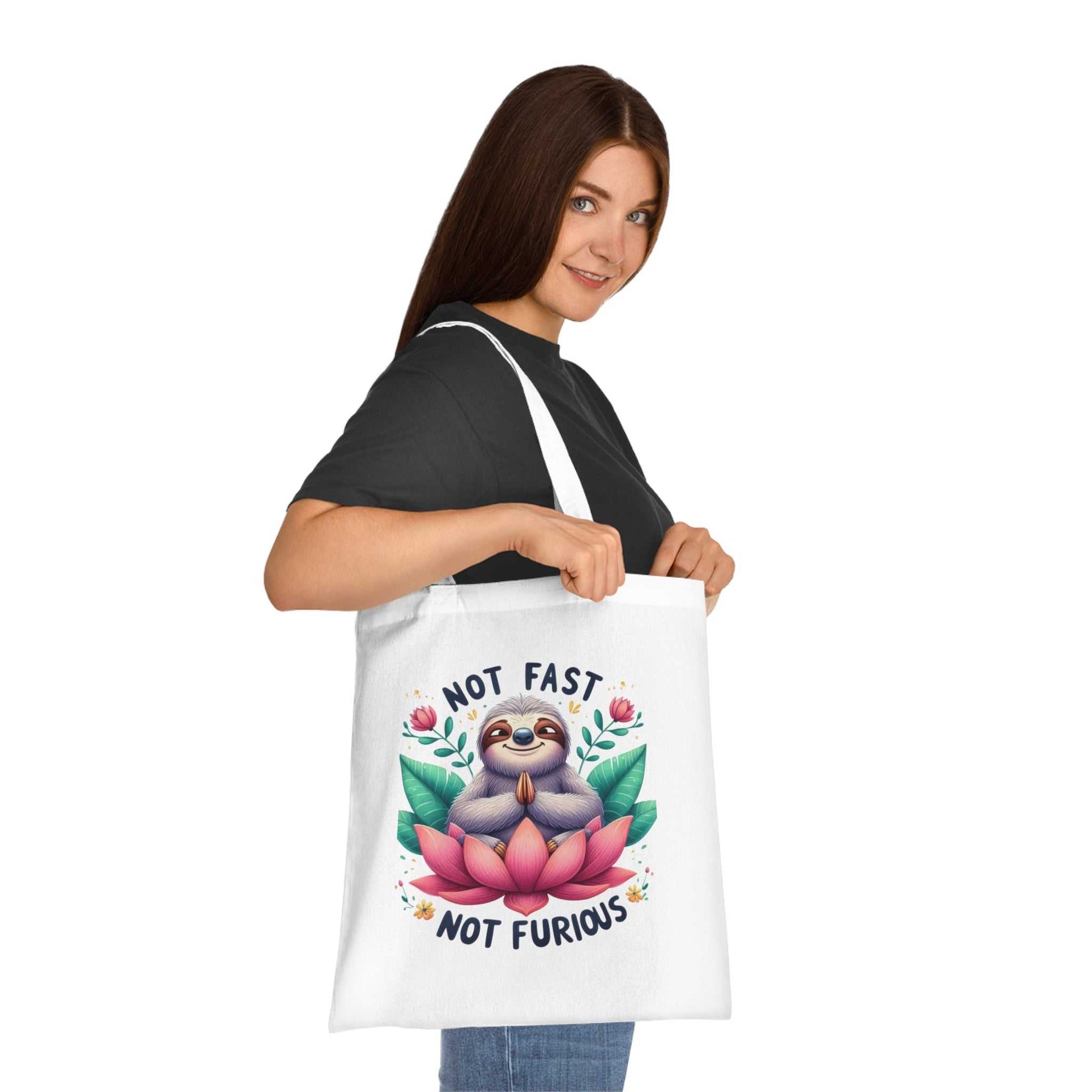 Cute sloth cotton tote bag with vibrant design, ideal for sloth lovers and everyday errands.