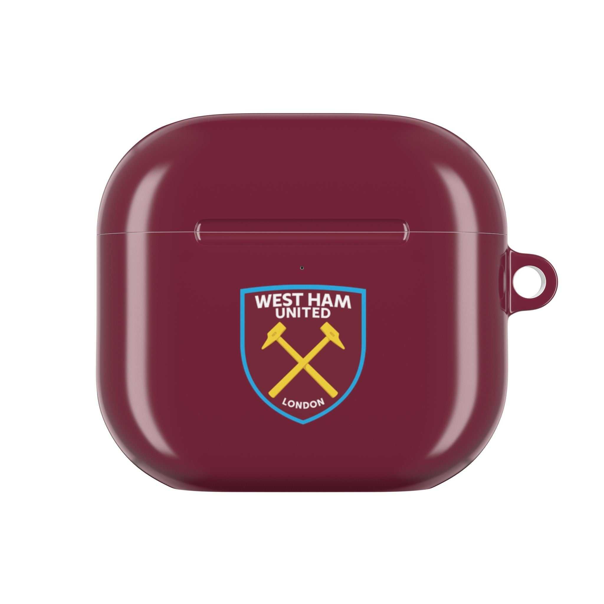 West Ham Utd FC AirPods protective case featuring claret and blue colors with crossed hammers crest