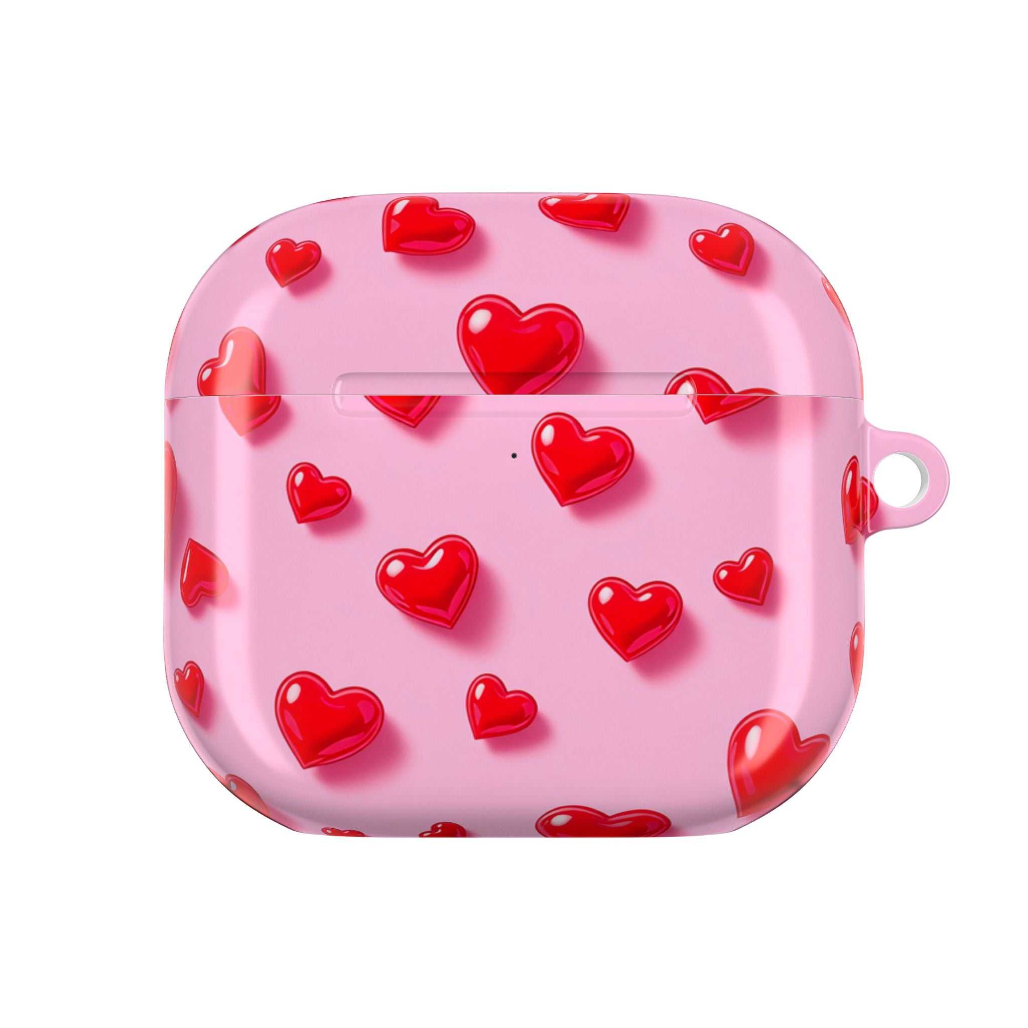 Pink Hearts AirPods protective case with hard shell, vibrant red heart design on pink background, for AirPods and AirPods Pro, durable and lightweight.