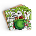 Fun Grinch Christmas coaster set with high-gloss MDF top and cork back, featuring the iconic grumpy Grinch design