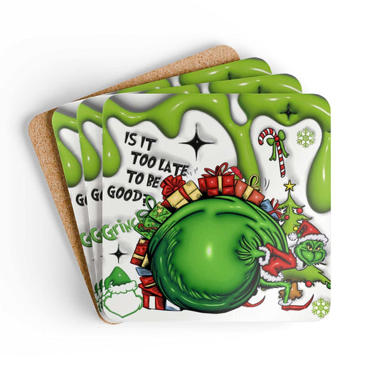 Fun Grinch Christmas coaster set with grumpy Grinch design, high-gloss MDF top, and cork back.