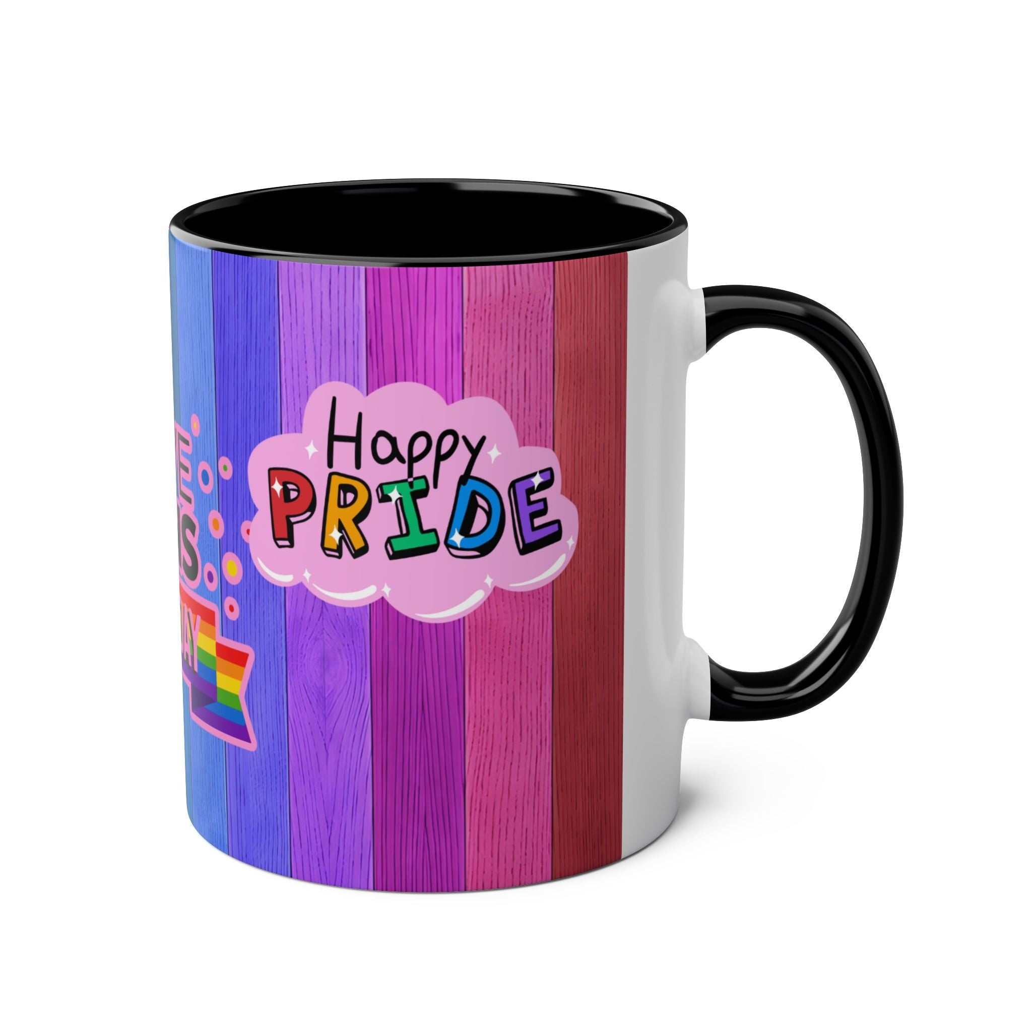 LGBTQ+ Pride Mug with vibrant rainbow design and "Happy Pride" message.