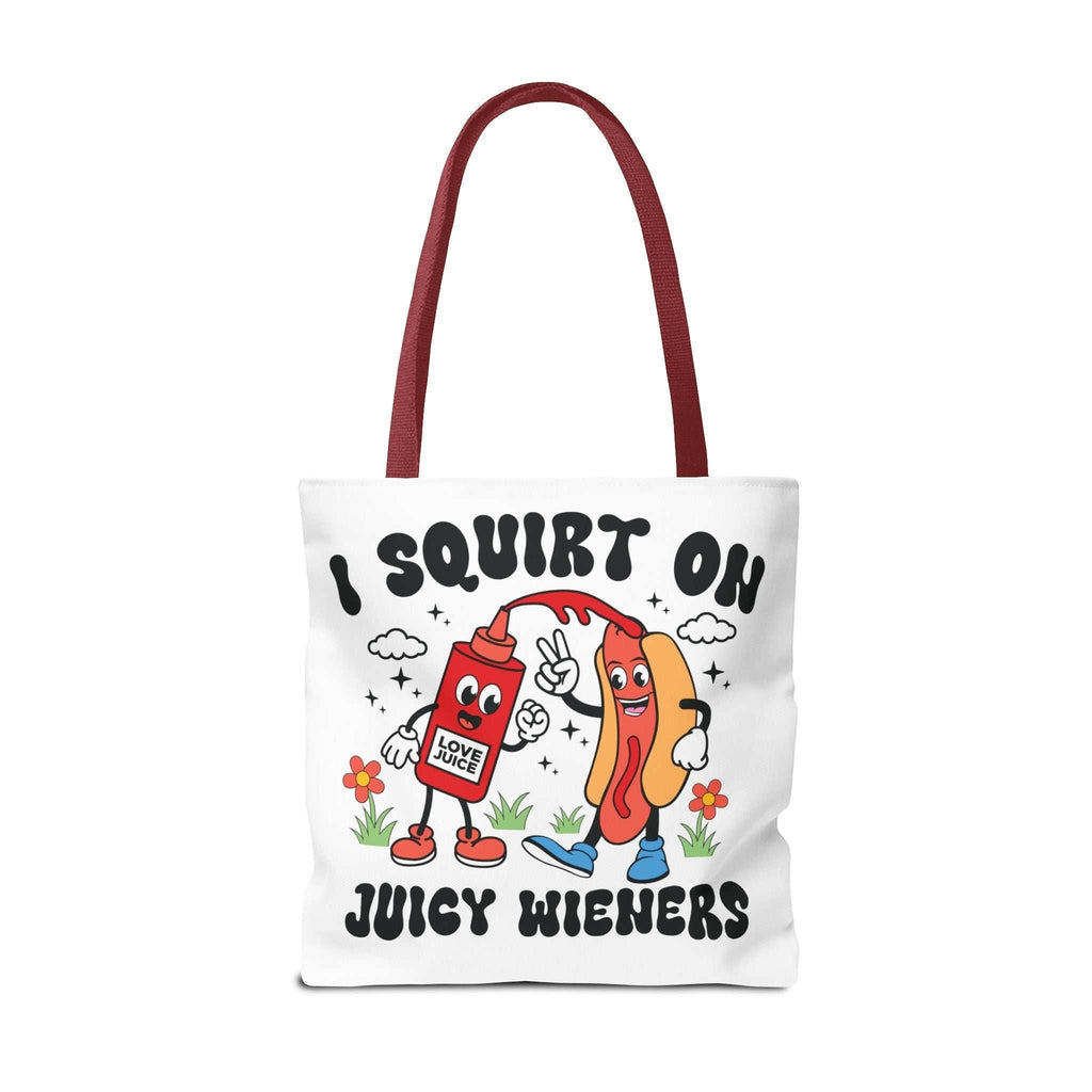I Squirt On Juicy Wieners Fun Tote Bag with cheeky hot dog design and cotton straps