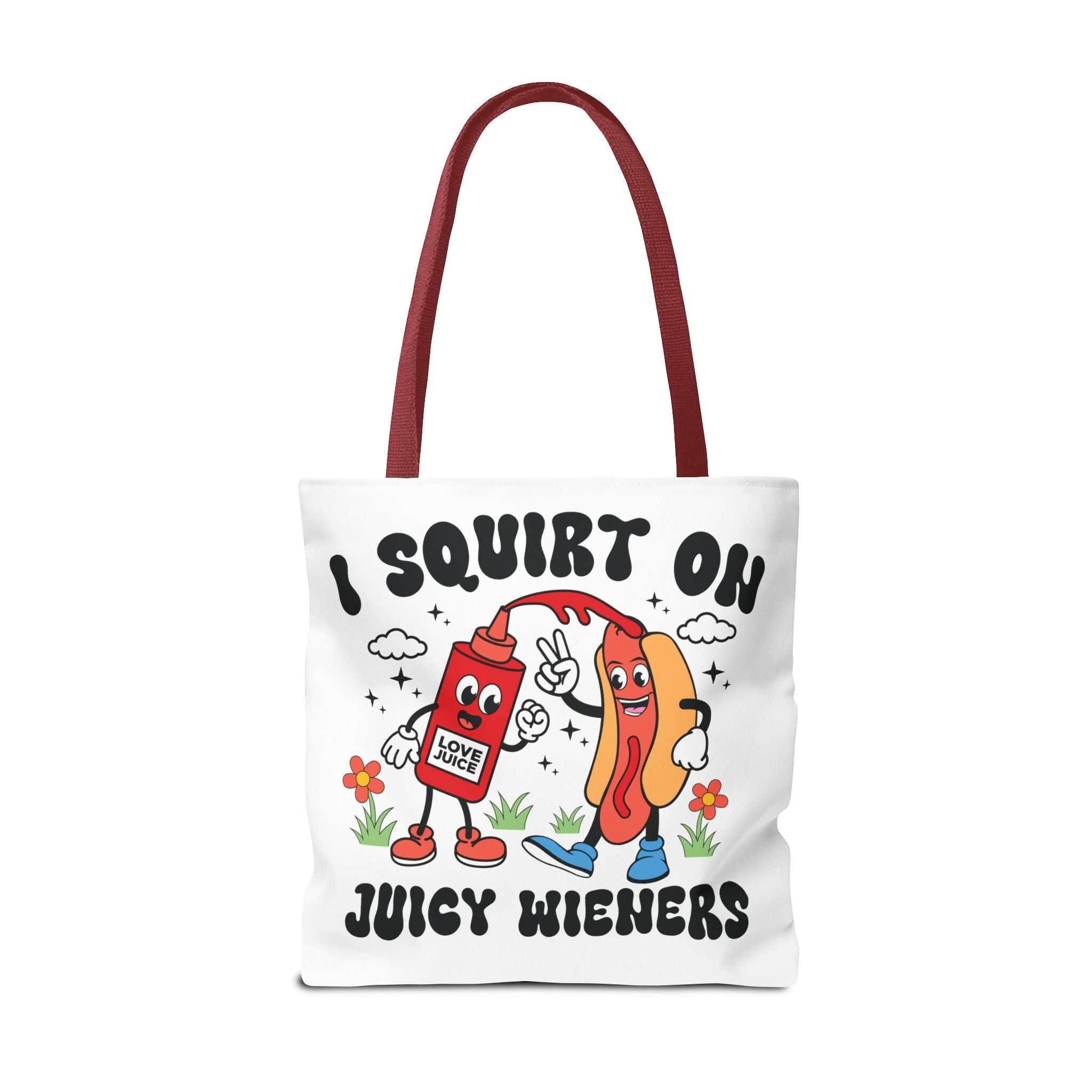 I Squirt On Juicy Wieners Fun Tote Bag with cheeky hot dog design and cotton straps