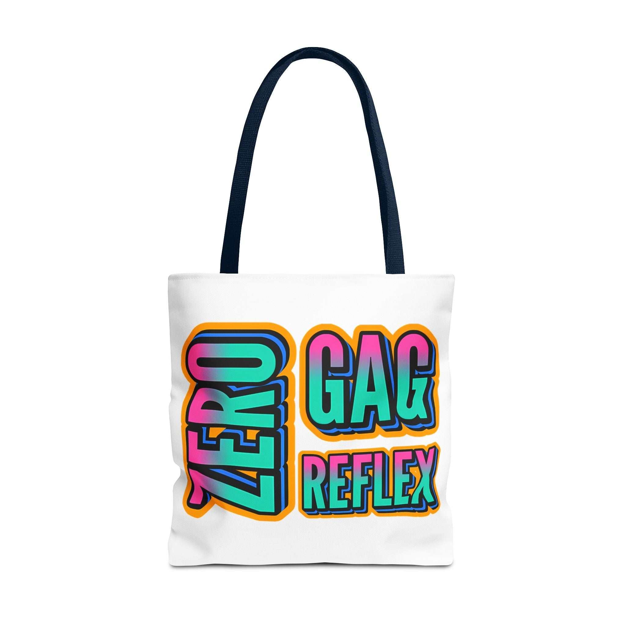 Zero Gag Reflex tote bag with cheeky print, durable spun polyester, multiple sizes and handle colors, reusable and lightweight