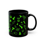 Black ceramic mug with playful green willies print, 11oz or 15oz sizes, dishwasher and microwave safe.