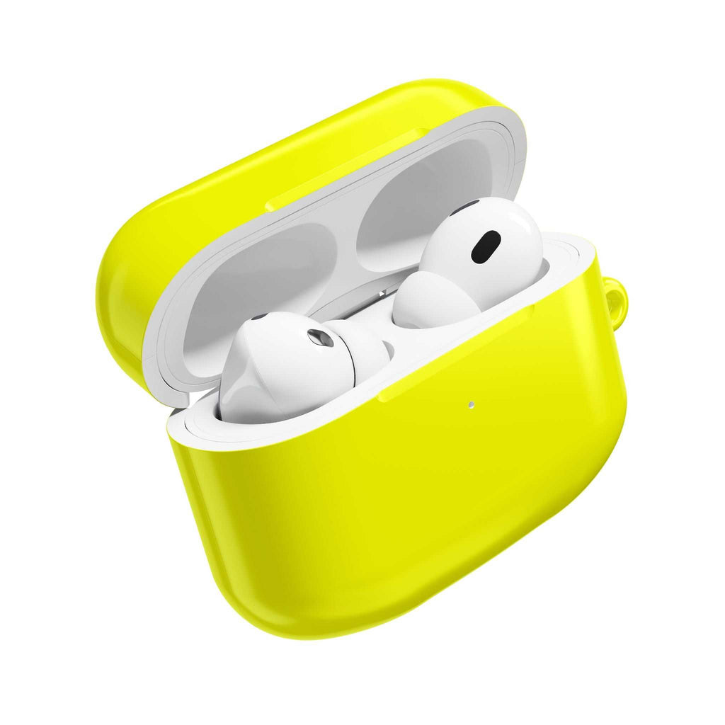Bright yellow hard shell protective case for AirPods and AirPods Pro with glossy finish and wireless charging compatibility