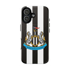 Newcastle United MagSafe iPhone case with black and white stripes and club crest, dual-layer protection, and wireless charging compatible