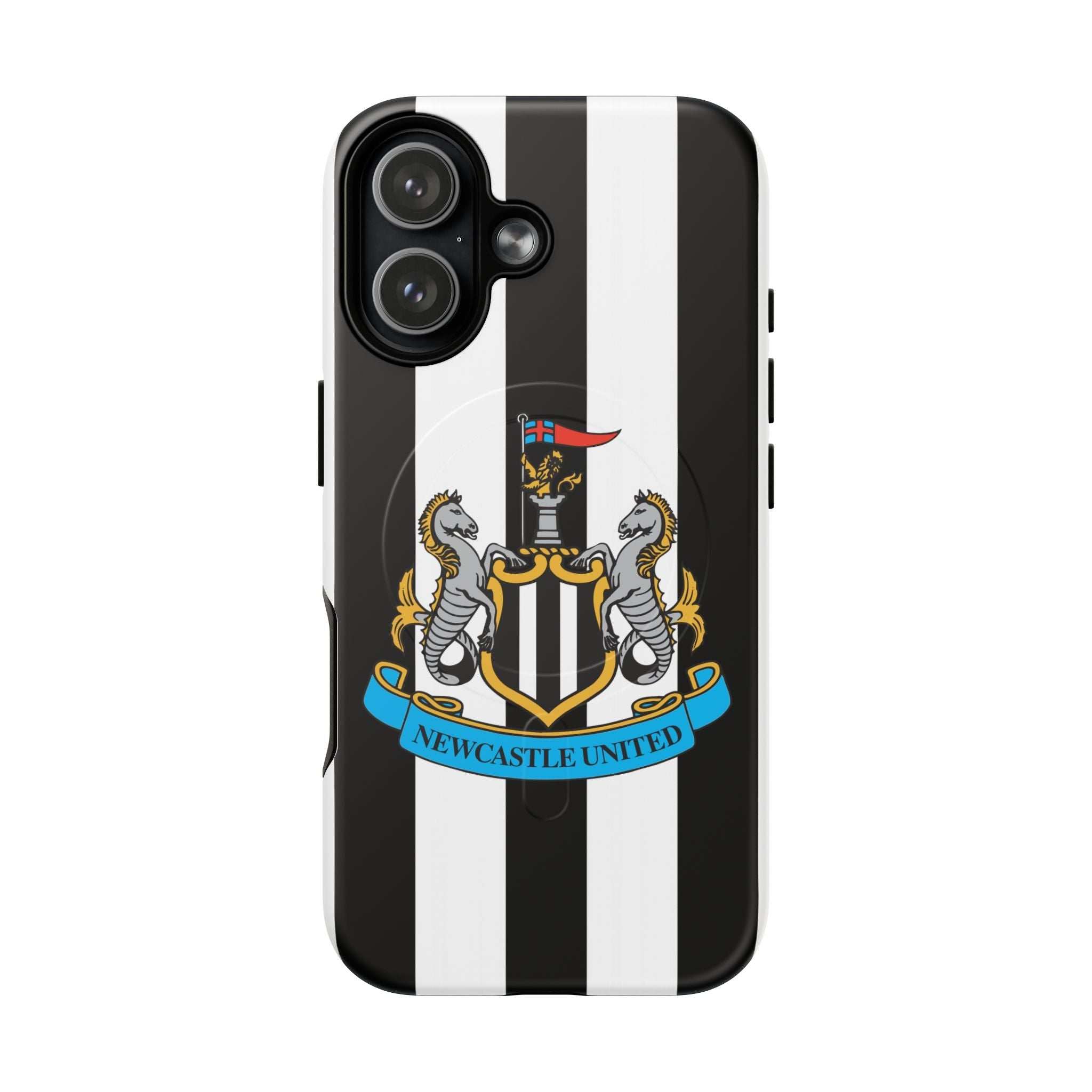 Newcastle United MagSafe iPhone case with black and white stripes and club crest, dual-layer protection, and wireless charging compatible