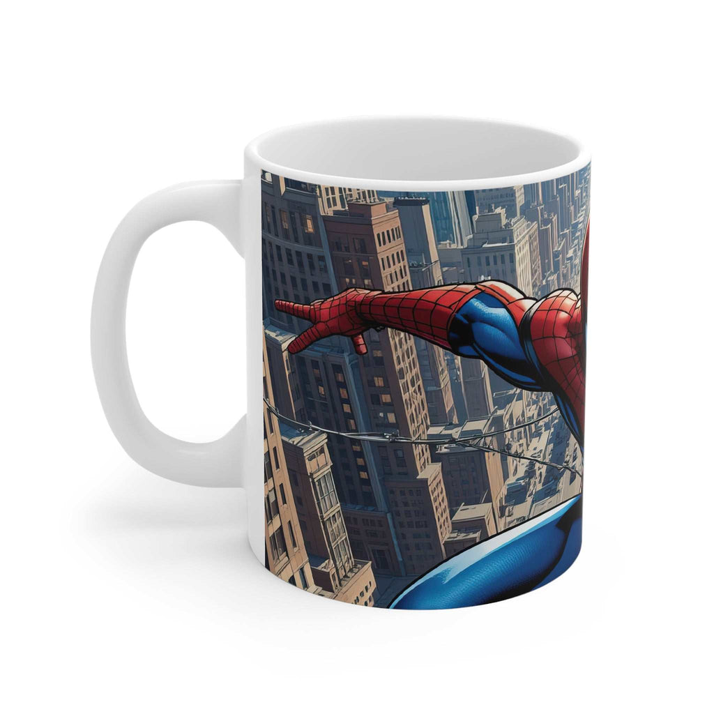 White ceramic 11oz Spider-Man comic mug with glossy finish and vibrant cityscape design showing Spider-Man swinging through buildings.