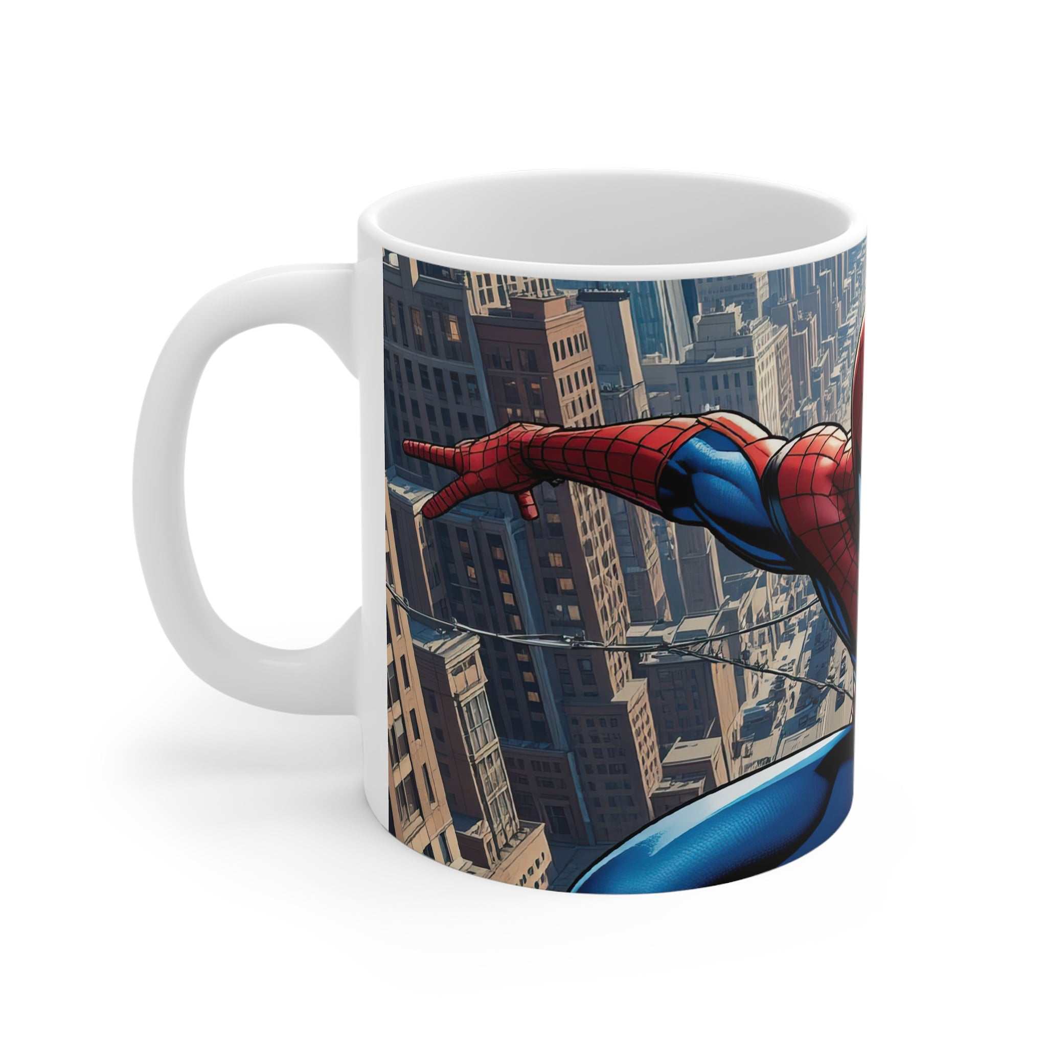 White ceramic 11oz Spider-Man comic mug with glossy finish and vibrant cityscape design showing Spider-Man swinging through buildings.