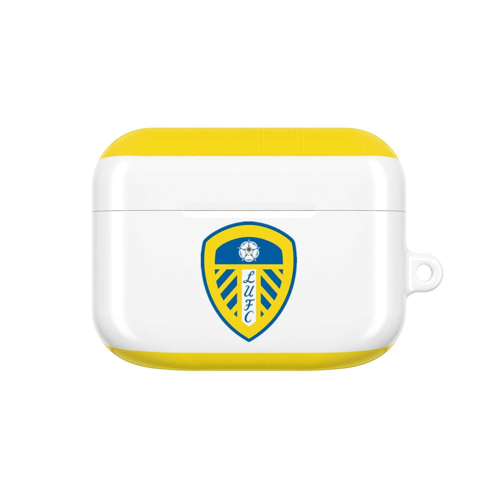 Leeds Utd FC AirPods protective case with club crest, white and blue colors, shock-resistant and wireless charging compatible