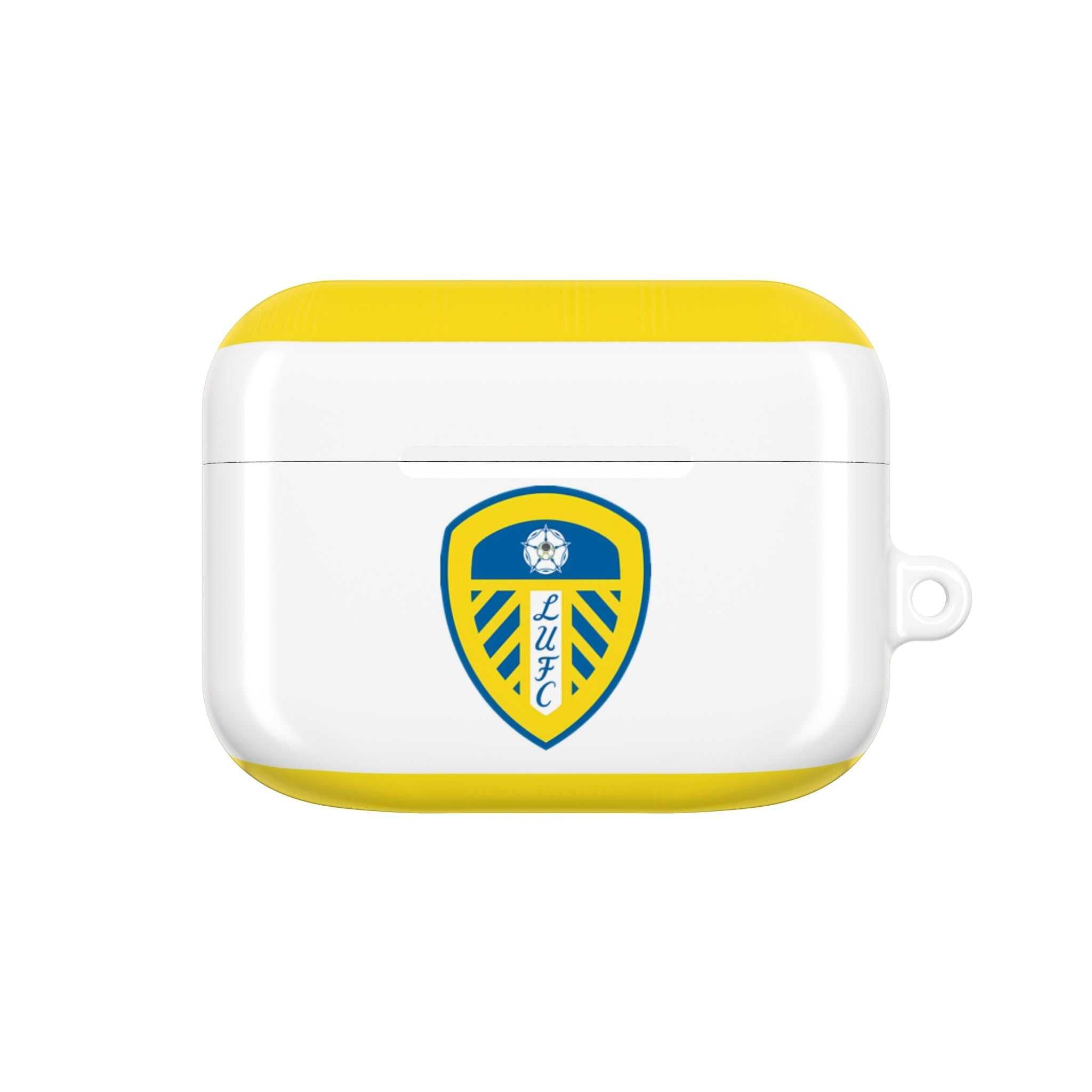 Leeds Utd FC AirPods protective case with club crest, white and blue colors, shock-resistant and wireless charging compatible