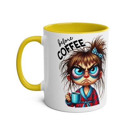 Fun sarcastic coffee mug with a sassy design featuring a grumpy character holding a cup, perfect for adding humor to mornings.