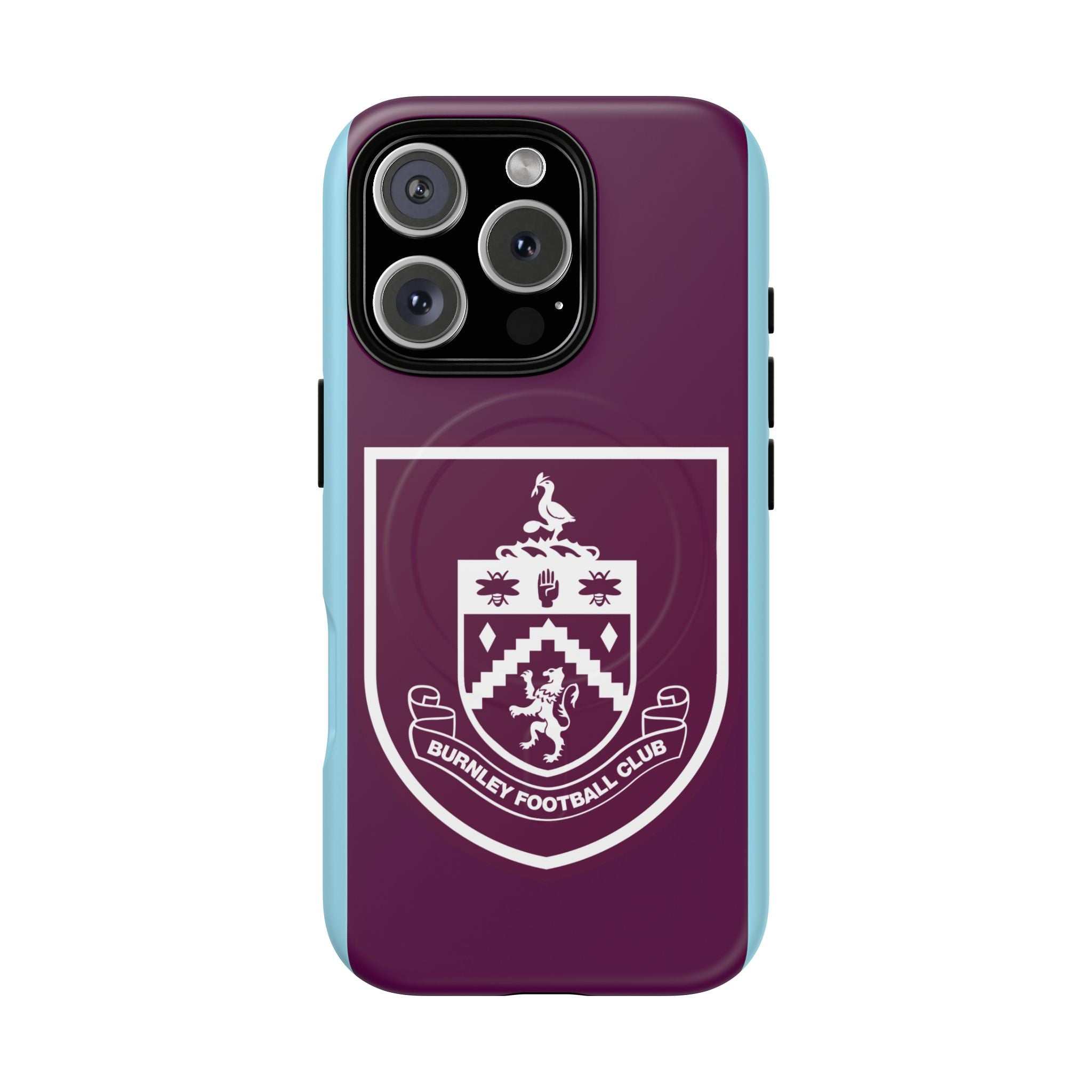Burnley FC MagSafe iPhone Case with claret and blue colors and club crest, dual-layer protection and wireless charging compatible
