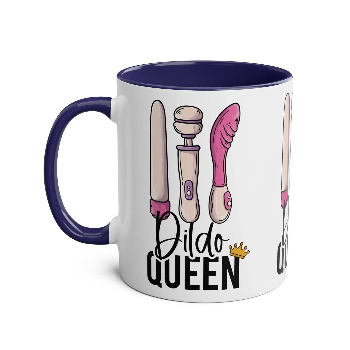 Cheeky "Dildo Queen" coffee mug with playful design, perfect gag gift, microwave and dishwasher safe.