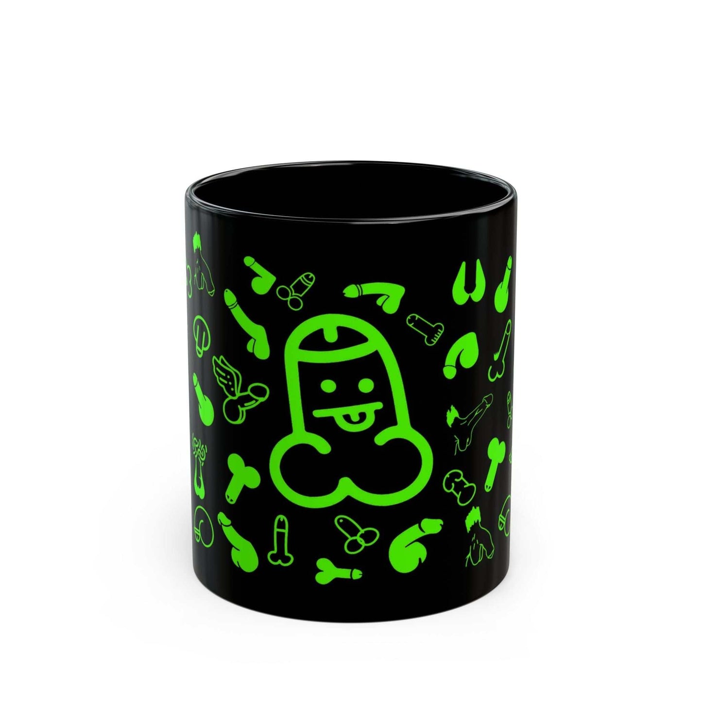 Black ceramic mug with green playful patterns, Cheeky Fun Green Willie Mug, available in 11oz and 15oz sizes.