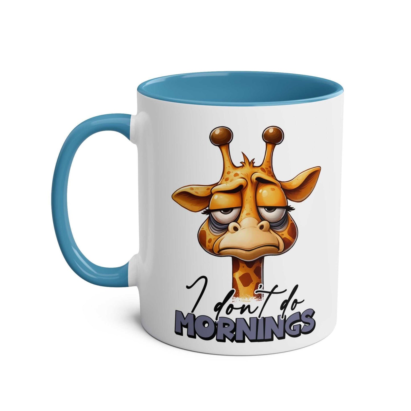 Giraffe design on "Don't Do Mornings" coffee mug with blue handle.