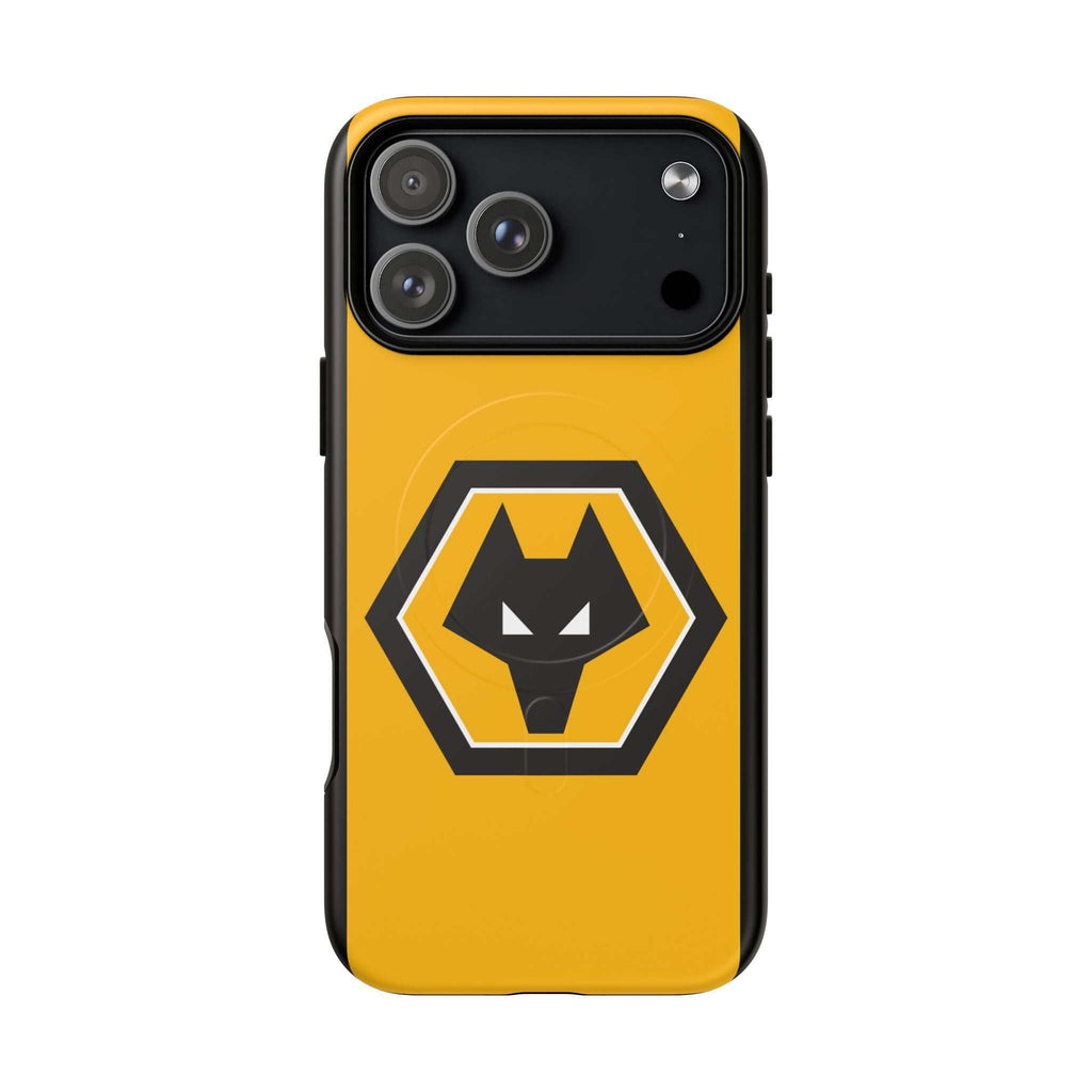 Wolves FC MagSafe iPhone case with gold and black crest, dual-layer protective design, and MagSafe compatibility