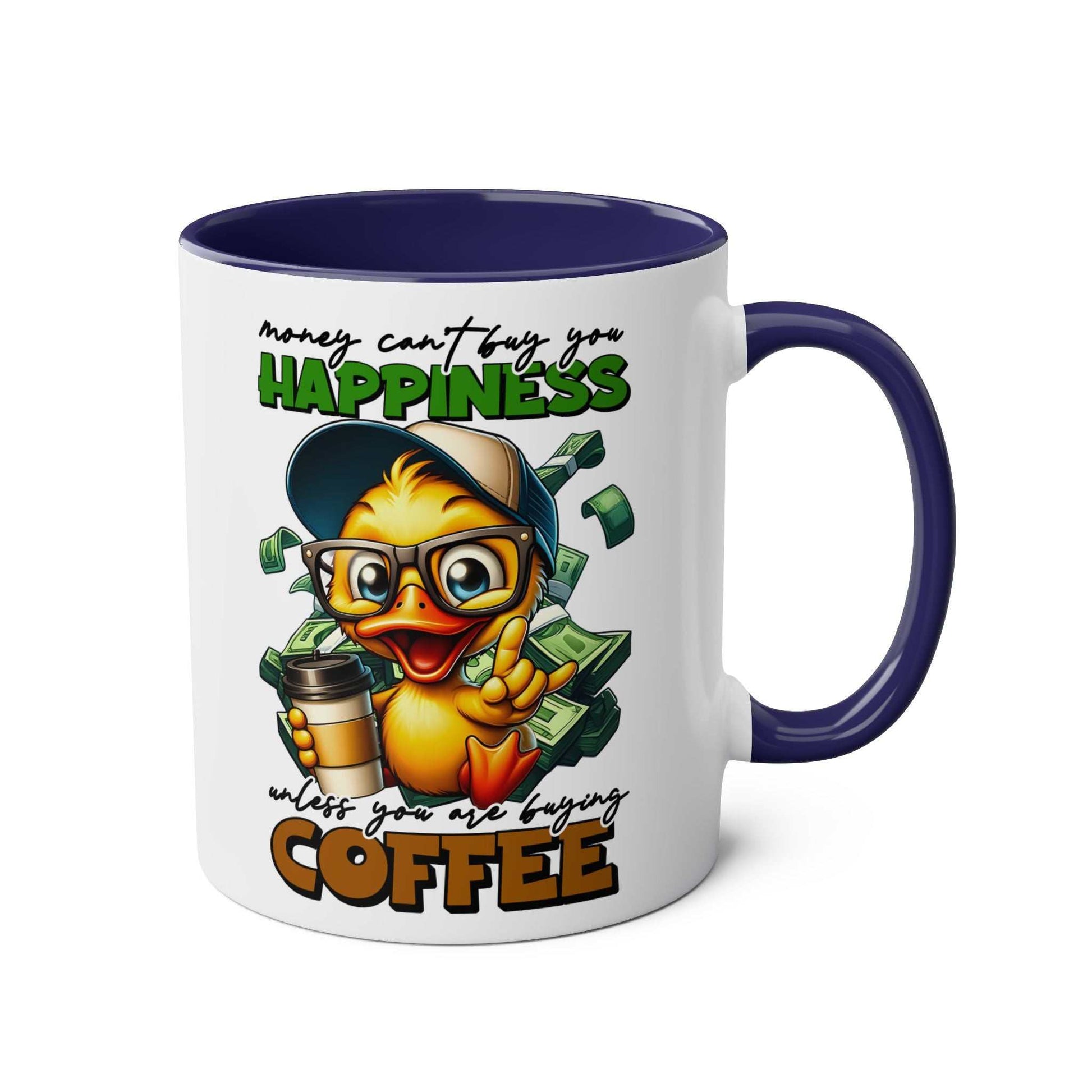 Happiness Coffee Mug with cheerful duck illustration, 11oz ceramic, glossy finish, available in 7 colors.