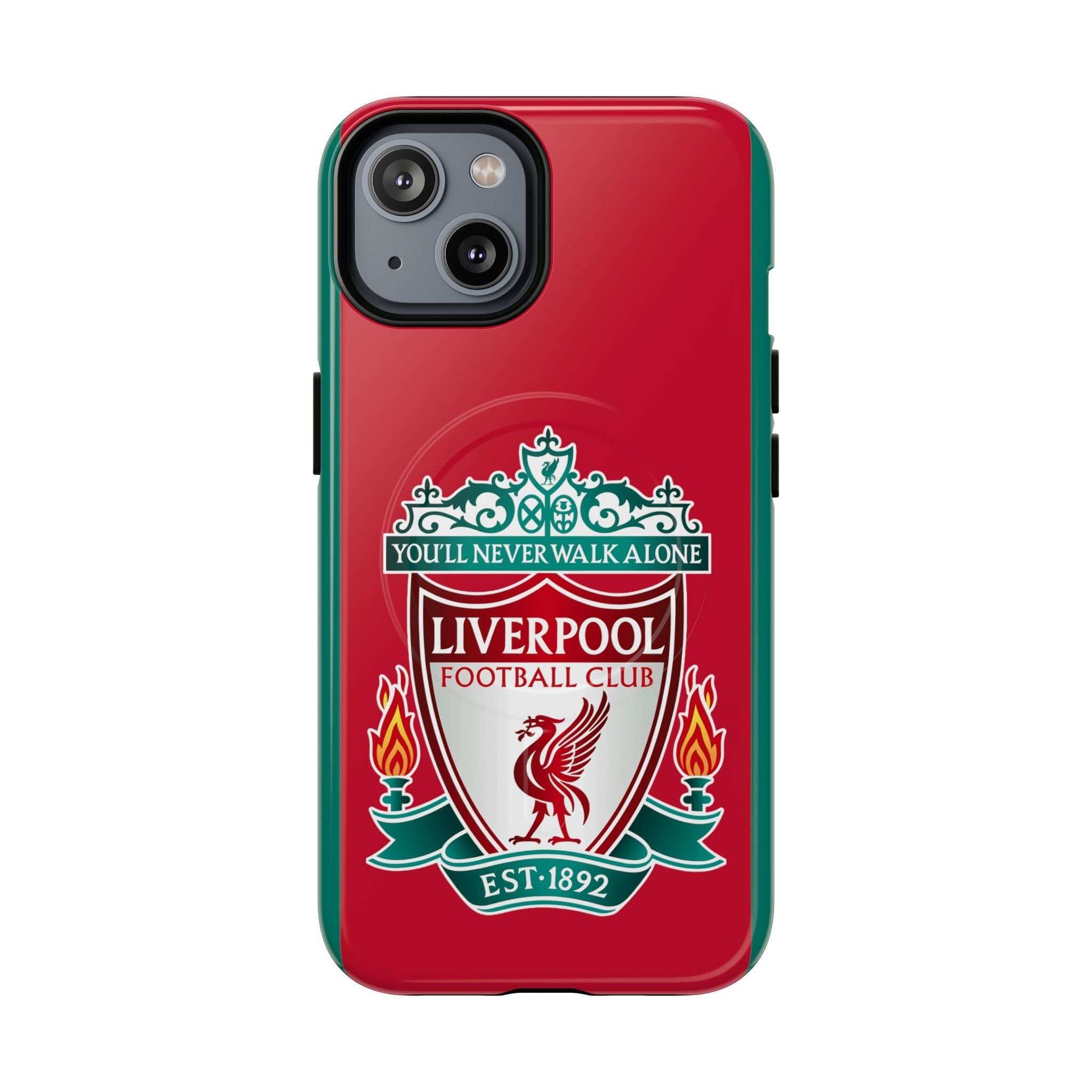 Liverpool FC MagSafe iPhone case with red color and official-inspired crest, dual layer protection, and MagSafe compatibility