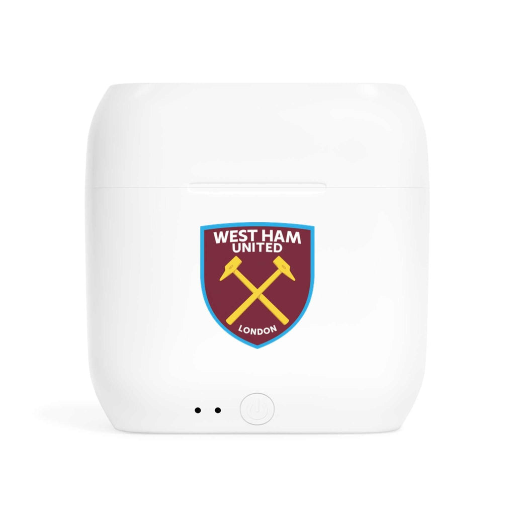 White wireless earbuds charging case with West Ham Utd club crest fan-inspired design