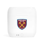 White wireless earbuds charging case with West Ham Utd club crest fan-inspired design