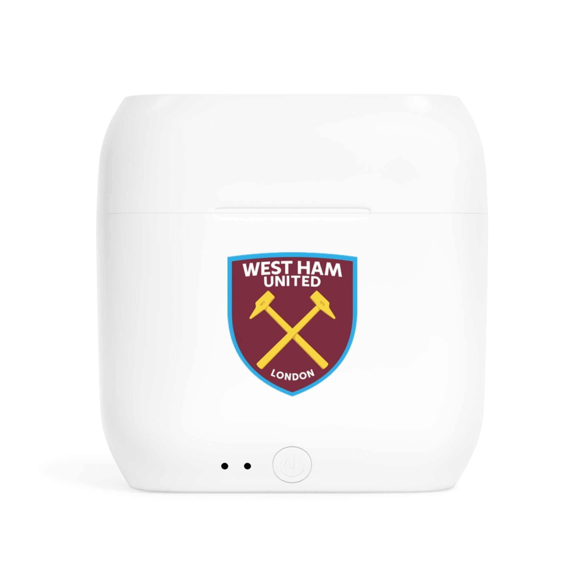 White wireless earbuds charging case with West Ham Utd club crest fan-inspired design