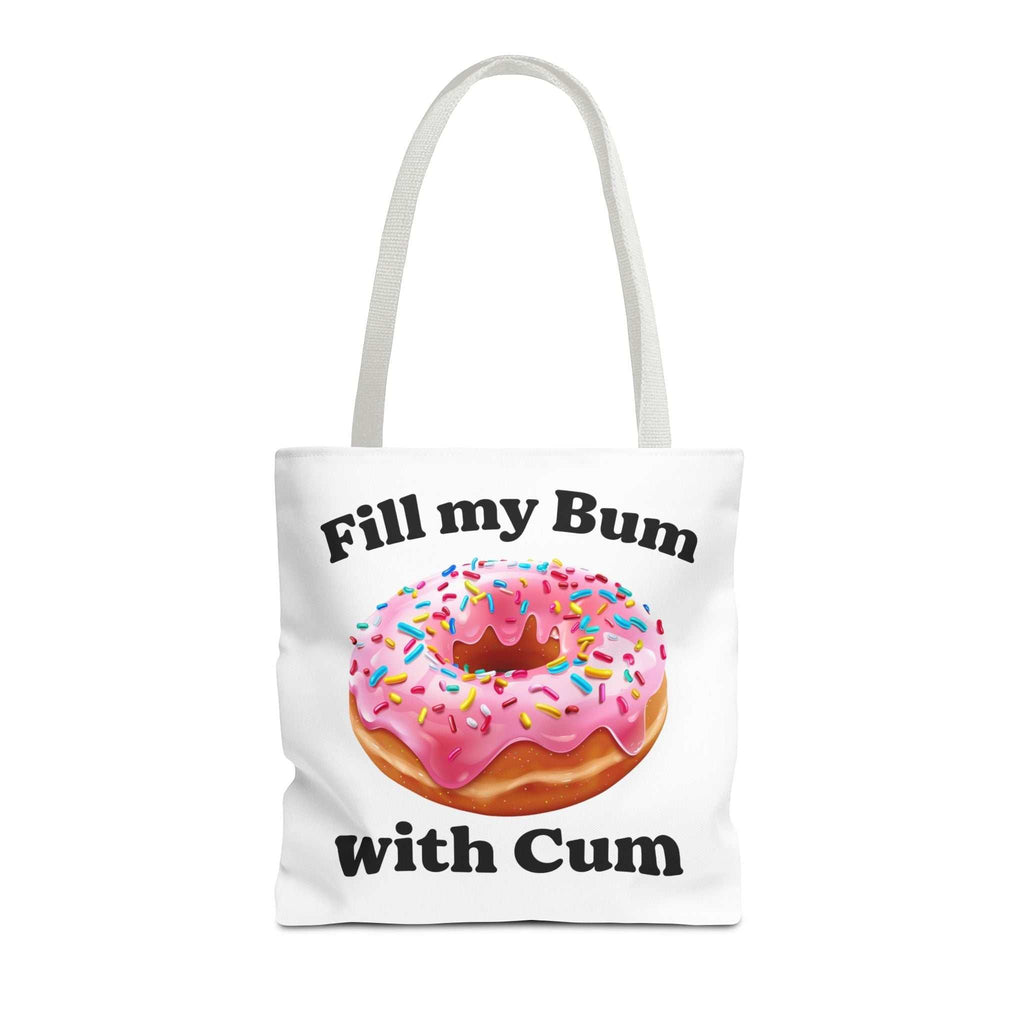 Provocative Donut Tote Bag with cheeky donut design, durable polyester, multiple sizes and handle colors, lightweight and reusable tote for everyday use