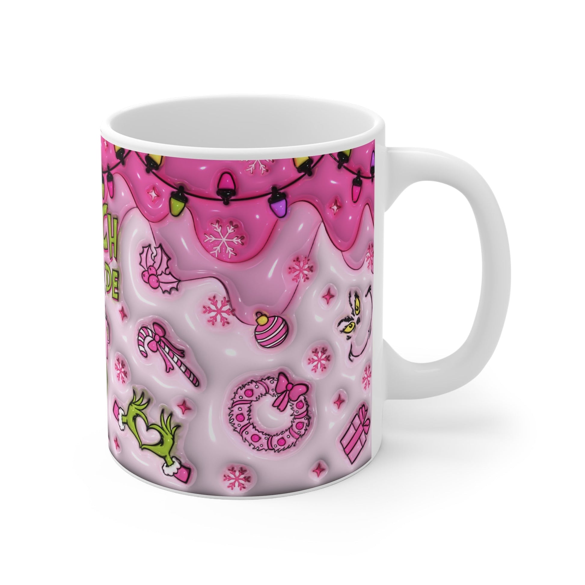 Grinch Mode Christmas Mug with festive pink design, 11oz ceramic, glossy finish, sublimation print.