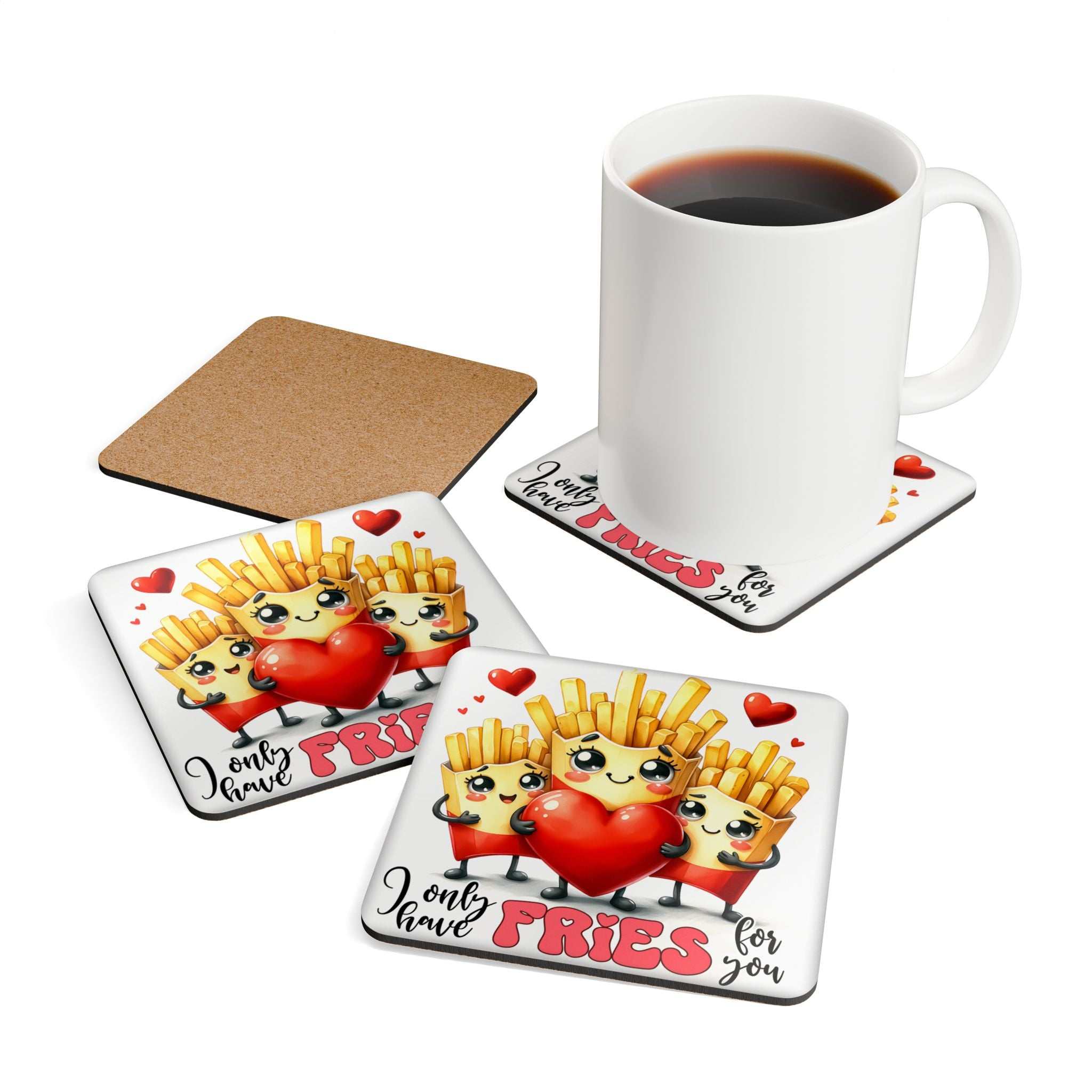 Only Have Fries For You Coaster Set with quirky fry design and cork backing.