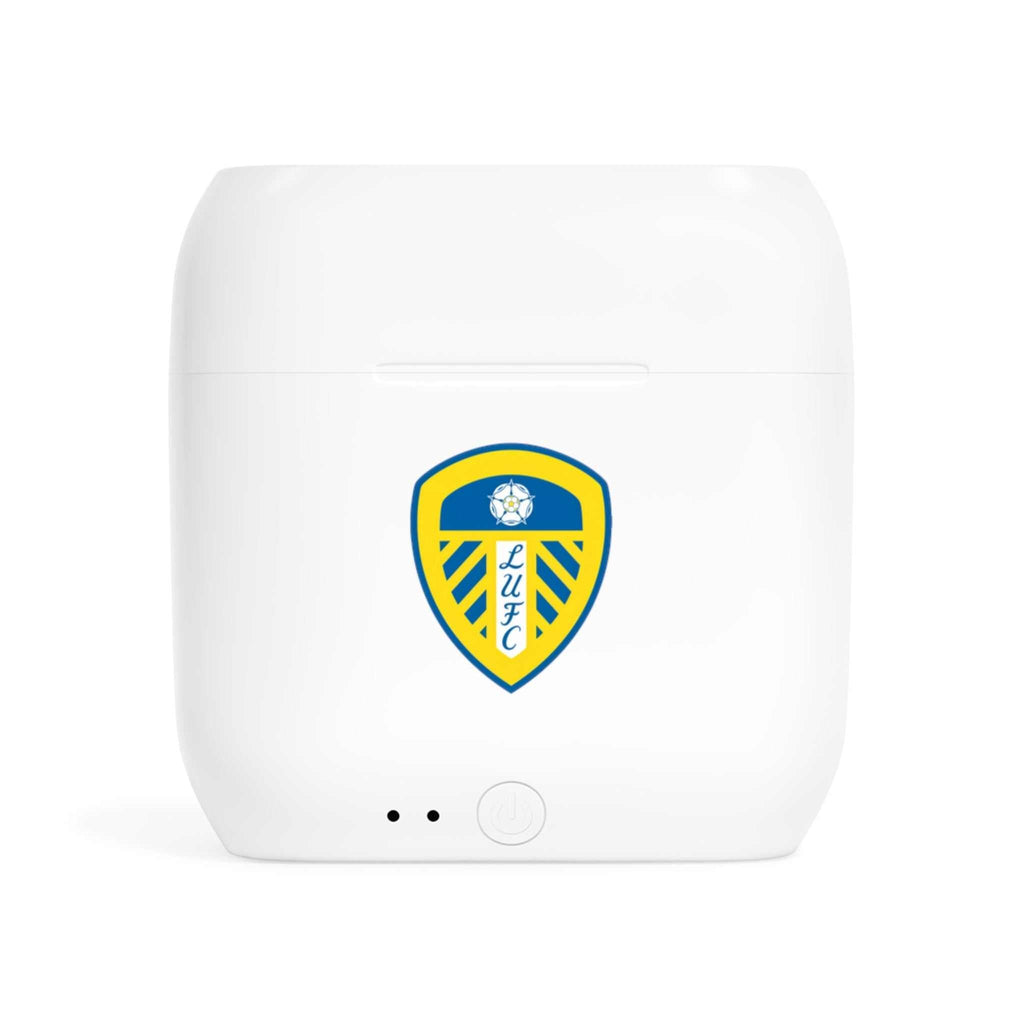 Leeds Utd wireless earbuds charging case with fan-inspired club crest design