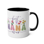 Best Nana Ever ceramic mug with floral design and black handle.