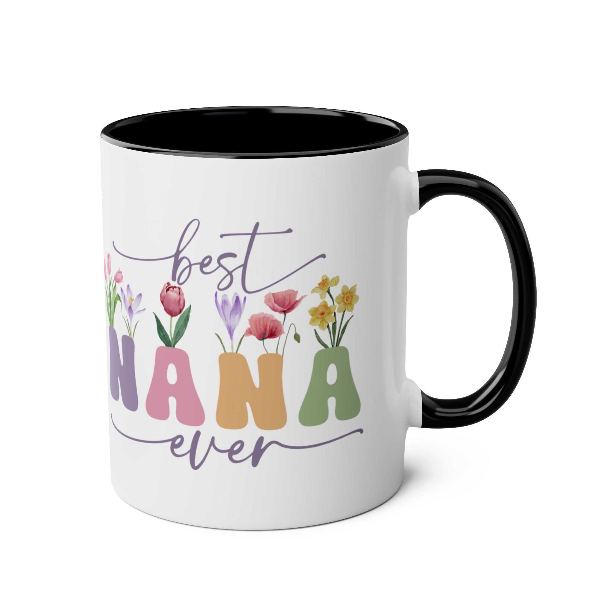 Best Nana Ever ceramic mug with floral design and black handle.