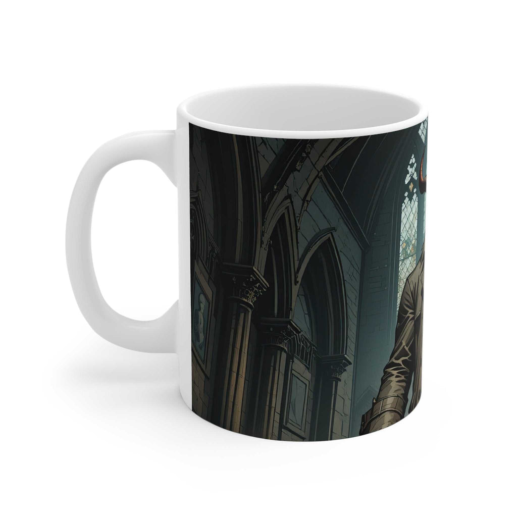 Hellboy-inspired comic mug with supernatural design on white ceramic, glossy finish, 11oz capacity, microwave and dishwasher safe