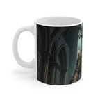 Hellboy-inspired comic mug with supernatural design on white ceramic, glossy finish, 11oz capacity, microwave and dishwasher safe