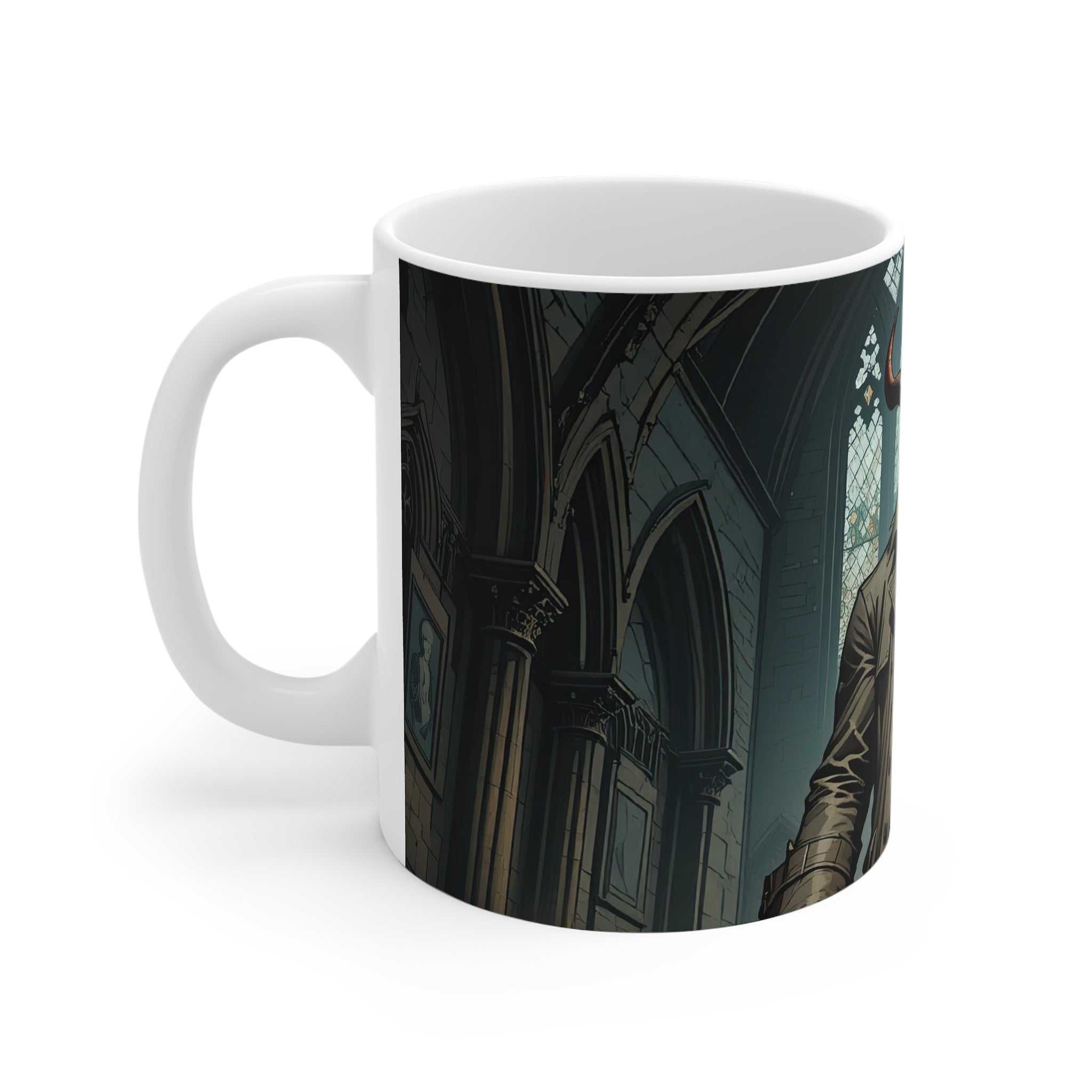 Hellboy-inspired comic mug with supernatural design on white ceramic, glossy finish, 11oz capacity, microwave and dishwasher safe