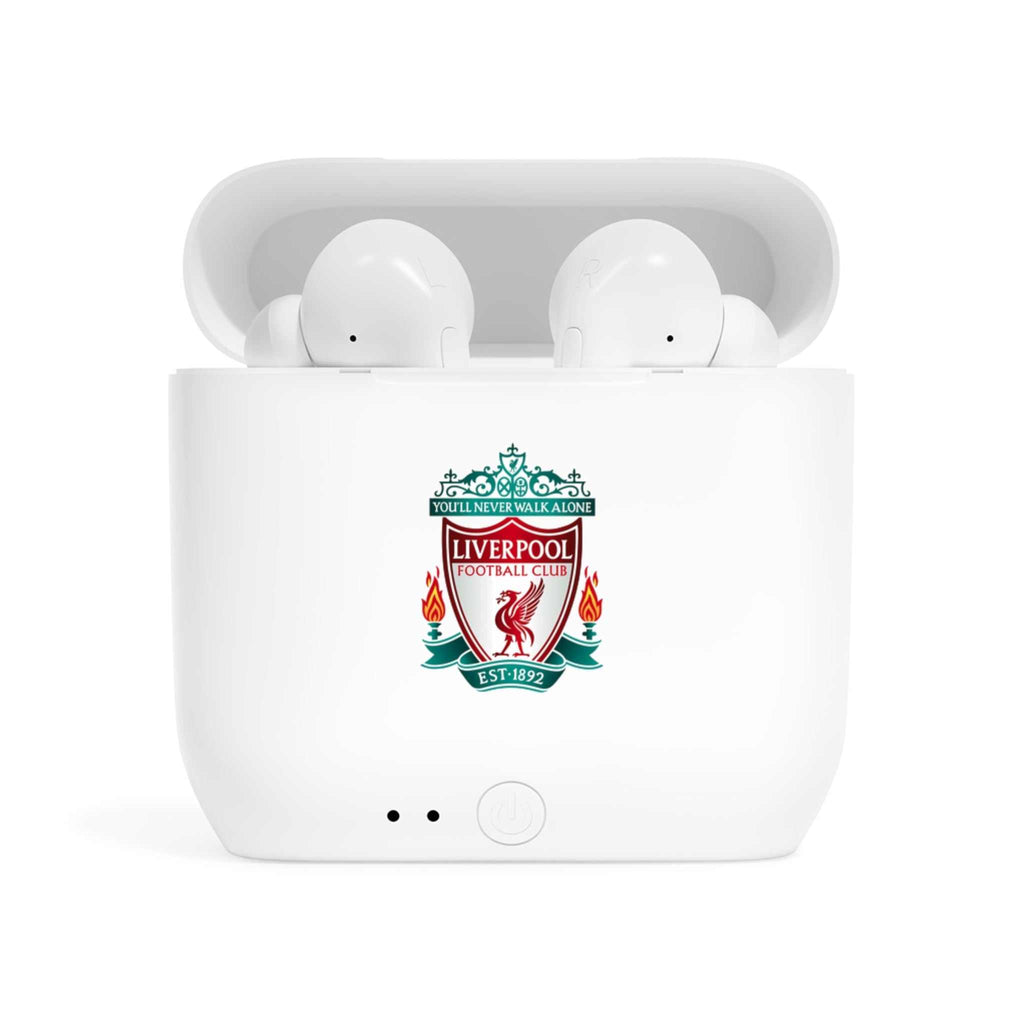 Liverpool Fc wireless earbuds with fan-inspired club crest on charging case, Bluetooth 5.0, and ergonomic design