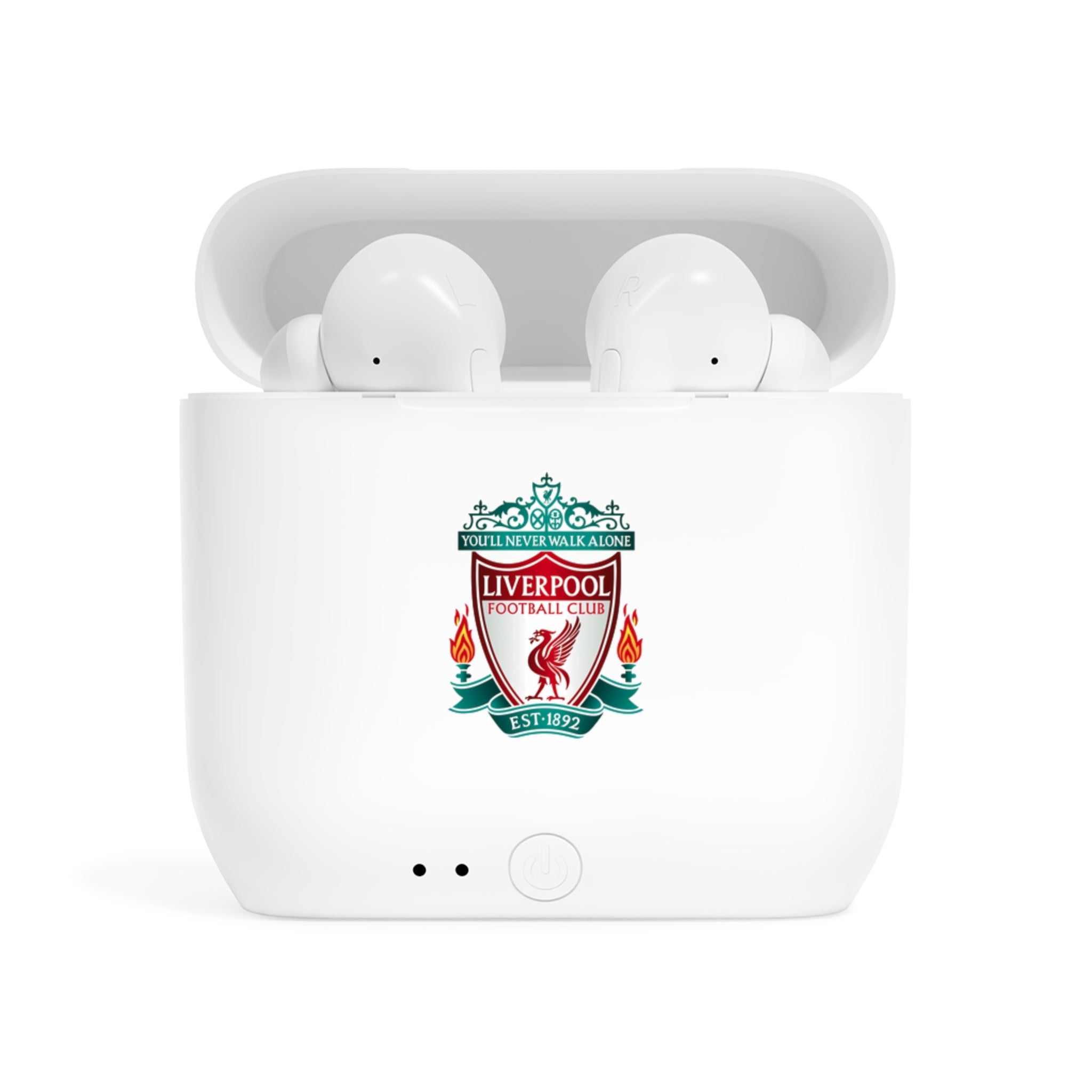 Liverpool Fc wireless earbuds with fan-inspired club crest on charging case, Bluetooth 5.0, and ergonomic design