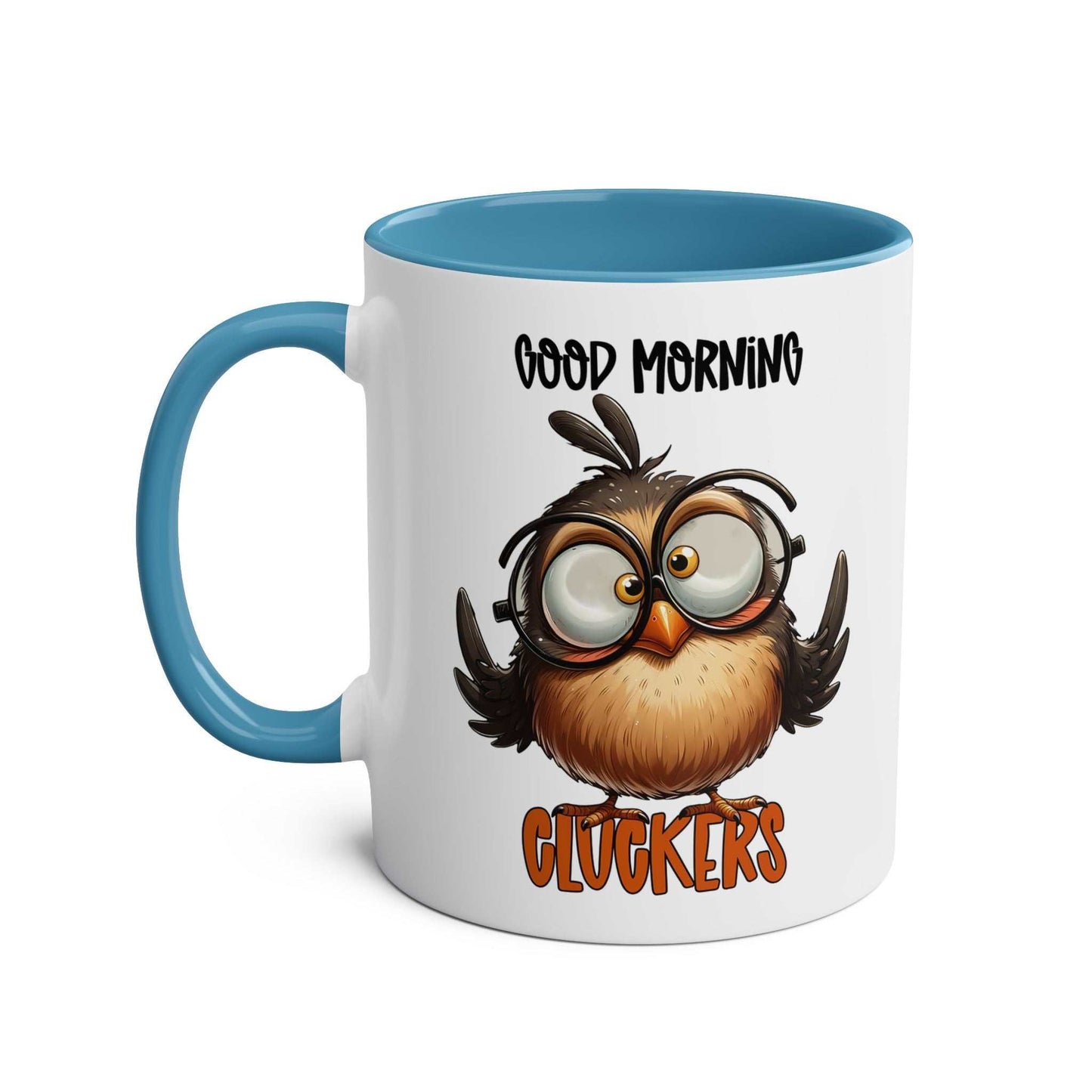 Morning Cluckers Coffee Mug with quirky owl design, 11oz ceramic, blue handle, sublimation print.