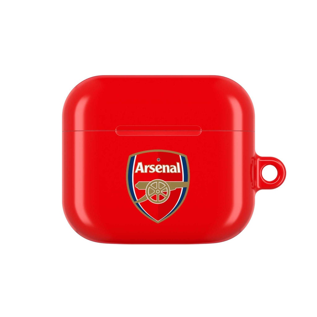 Red Arsenal FC AirPods case with club logo, durable protective cover for AirPods and AirPods Pro, glossy finish, and wireless charging support